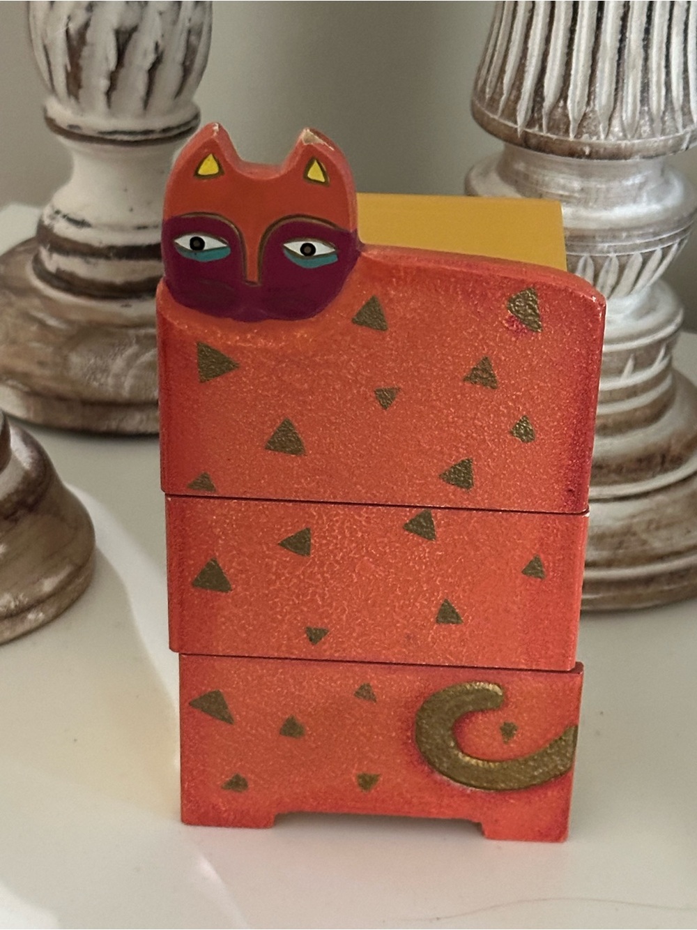 Hand-Painted Orange trinket Box whimsical colourful jewelry funky gift cats